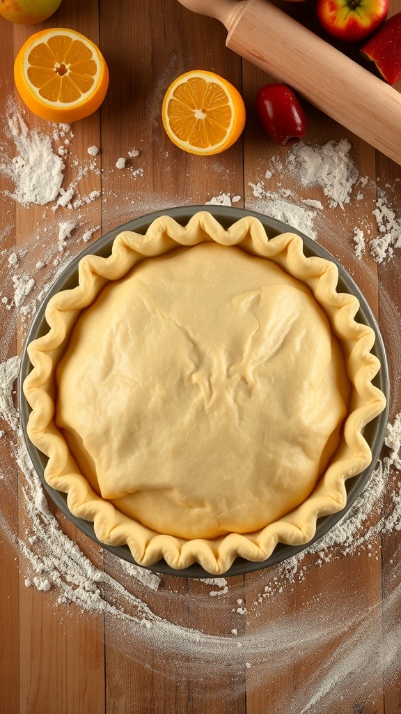 A golden brown pie crust in a dish, ready for filling, on a rustic table with flour and fruits.